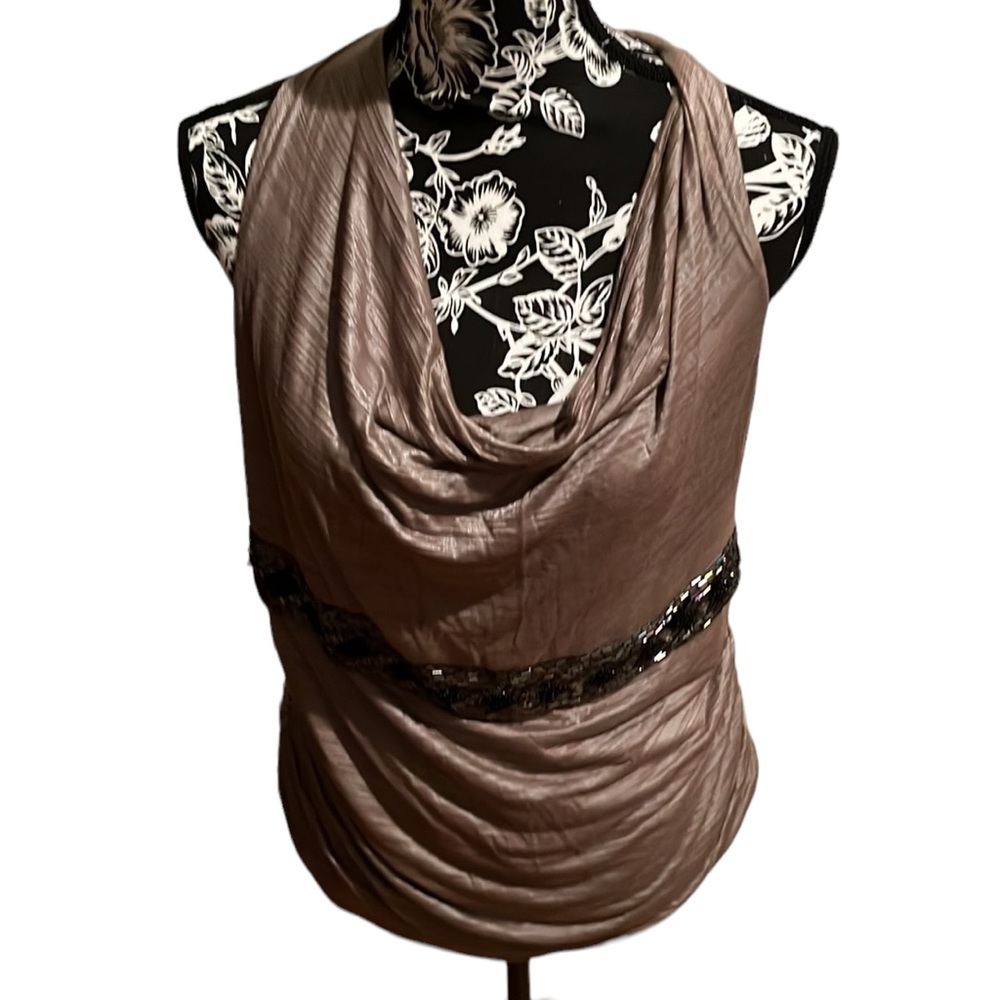 Pleone BY Anthropologie XL light Brown cowl neck top racerback sequin detail